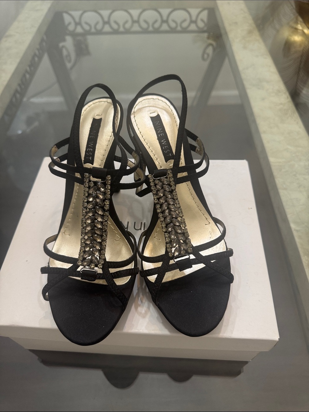 Calvin Klein Black Strappy Heels with Crystal T‑Bar Detail